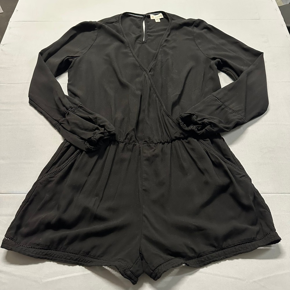 Guess Black Long Sleeve‎ Surplice Wrap Romper Lace Trim Pockets Medium